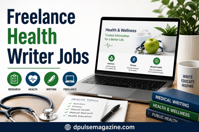 Freelance health writer jobs workspace with laptop and medical writing tools